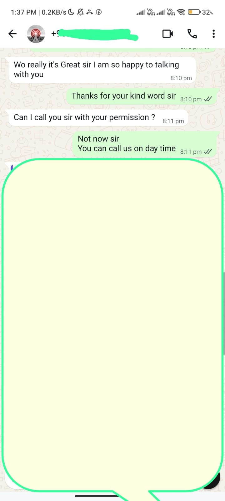 Real customer WhatsApp message praising OBmatrix