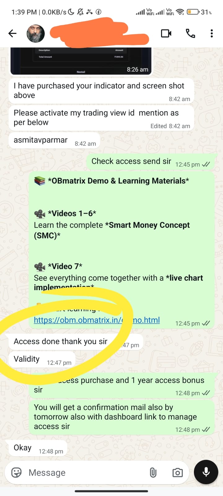 Real customer WhatsApp chat confirming OBmatrix purchase and access activation