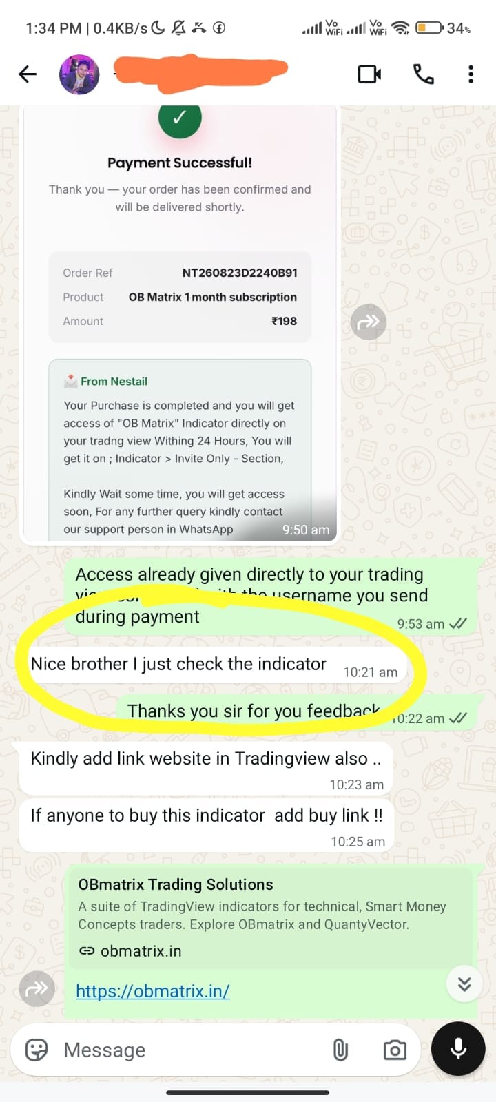 Real payment confirmation and customer feedback screenshot