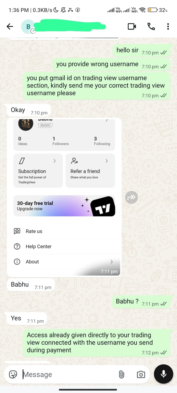 Real customer support chat resolving a TradingView username issue