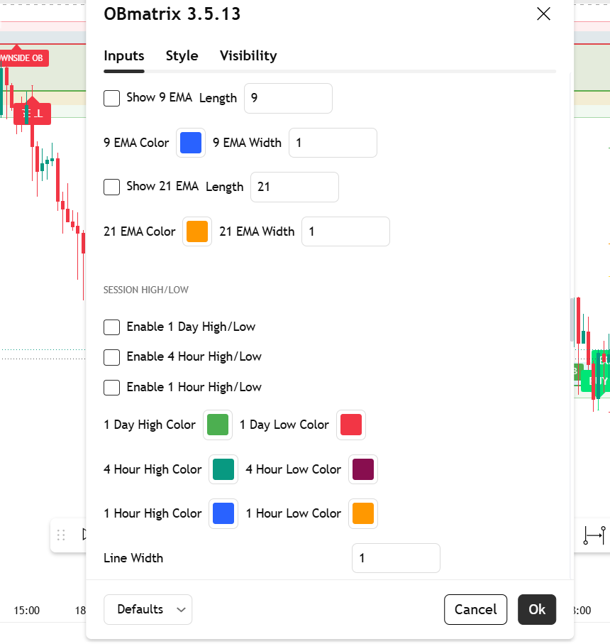 OBmatrix settings panel showing custom EMA and session high/low options