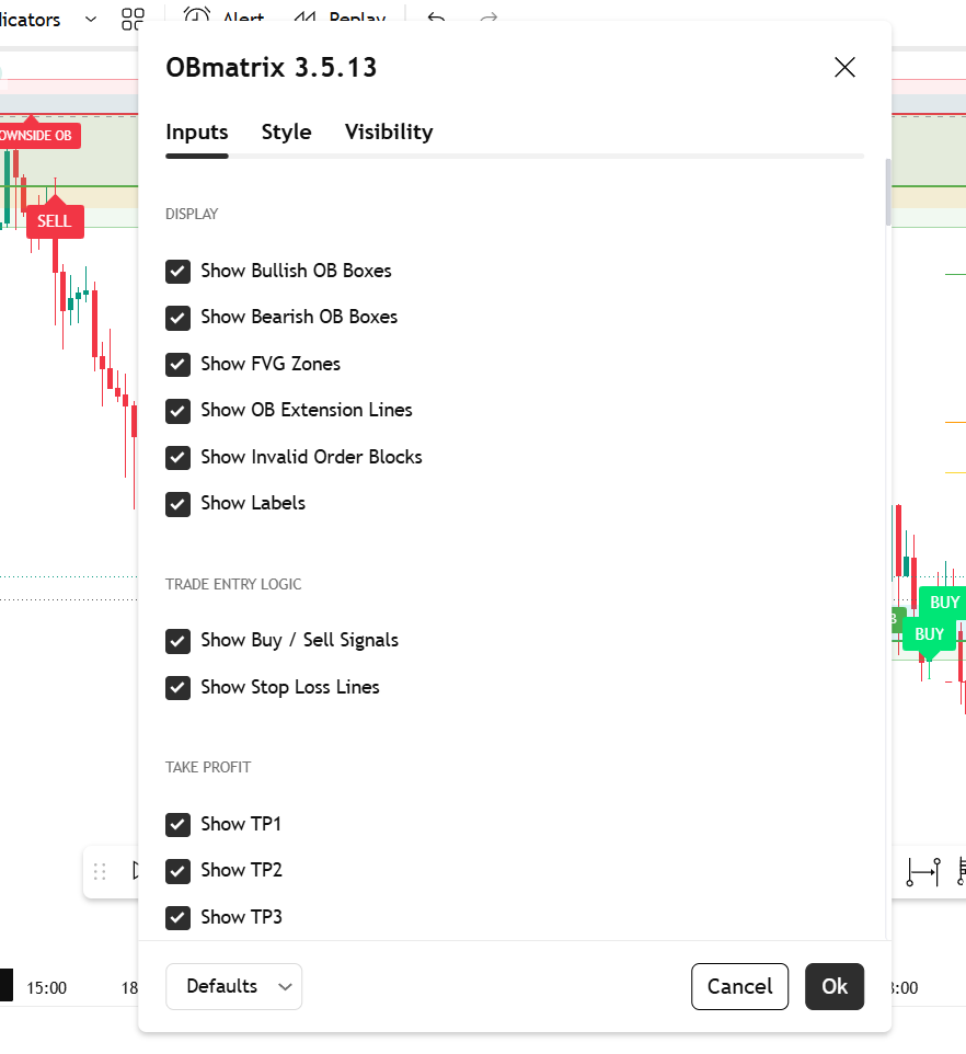 OBmatrix settings showing Order Blocks, FVG zones and Buy/Sell trade signals