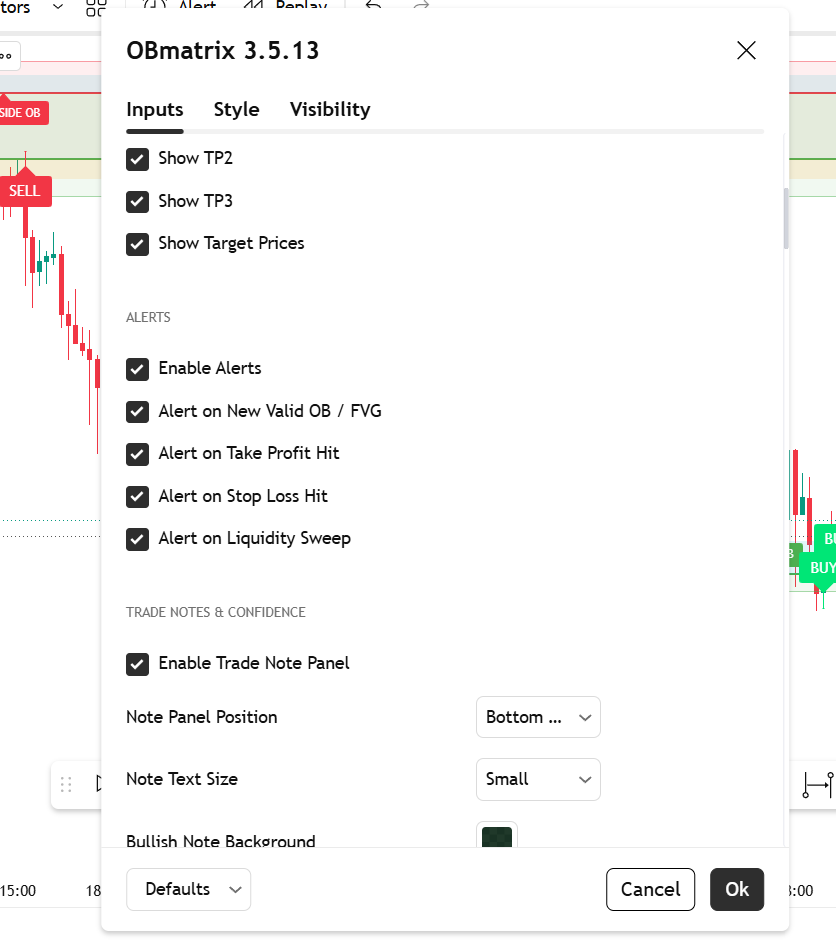 OBmatrix settings showing Take Profit targets, alerts and the trade note panel
