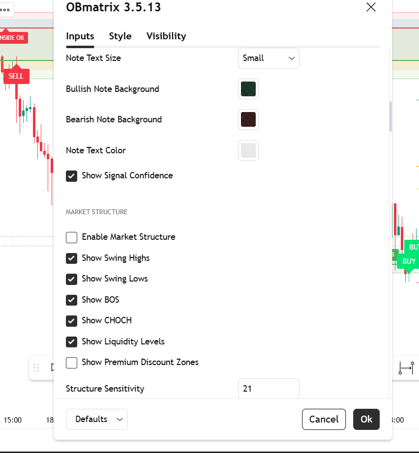 OBmatrix settings showing market structure, CHoCH, BOS and premium/discount zones