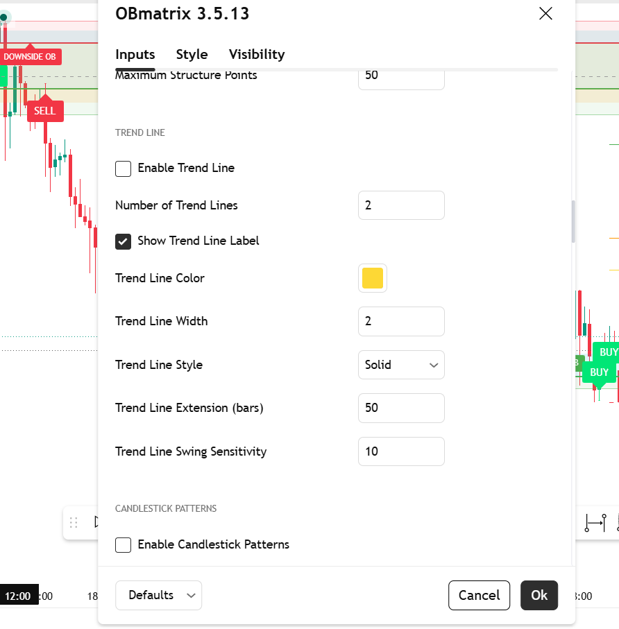 OBmatrix settings showing trend line and candlestick pattern options