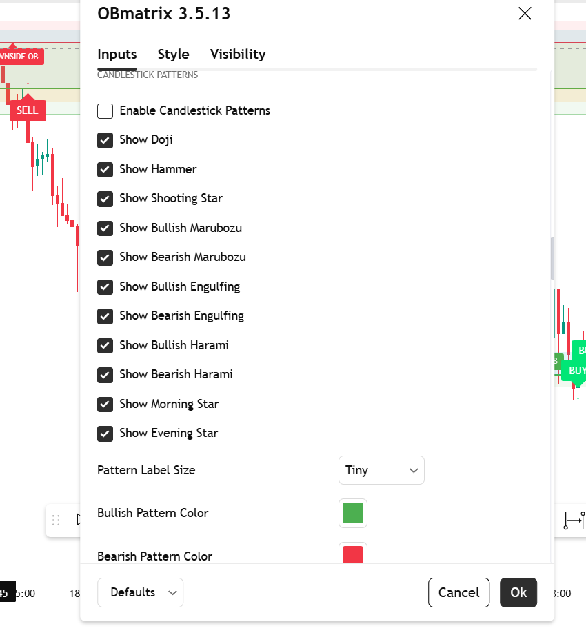 OBmatrix settings showing candlestick pattern types it can detect