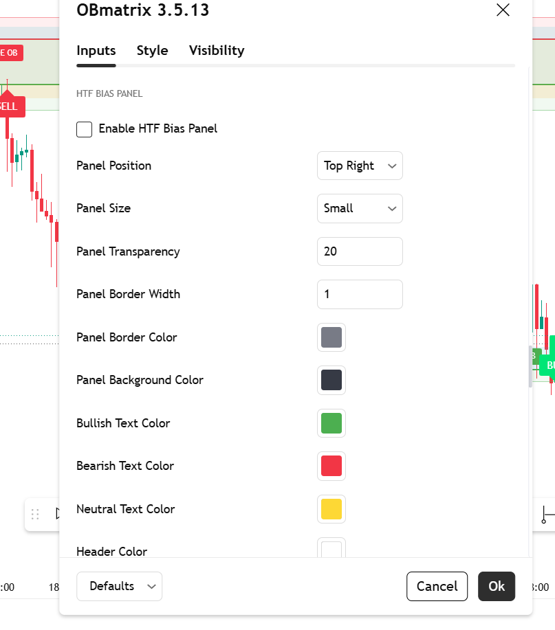 OBmatrix settings showing the higher-timeframe bias panel styling