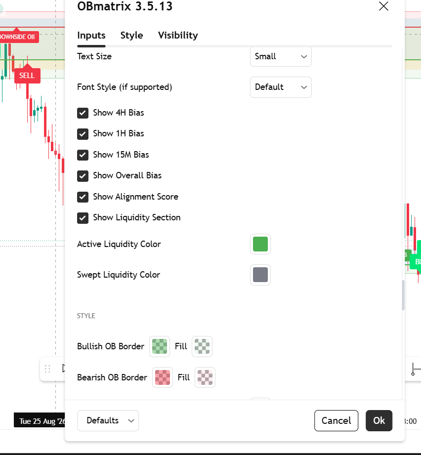 OBmatrix settings showing multi-timeframe bias, liquidity tracking and style options
